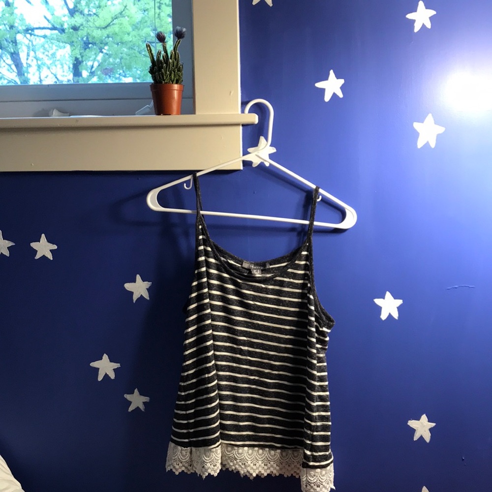Spaghetti Strap Navy White Striped Top W/Lace Trim